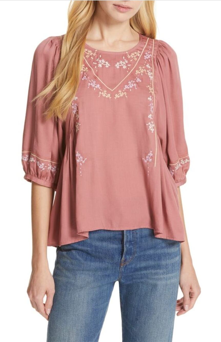 Anthropologie Dolan Pink Rose Embroidered Half Sleeve Top